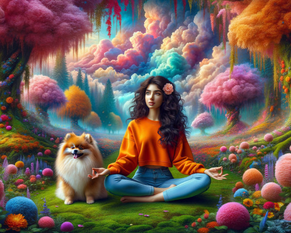 Young Woman Meditating in a Colorful Forest