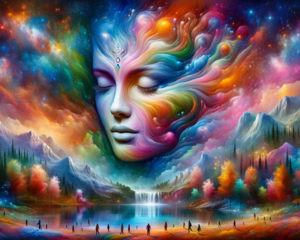 Surreal Landscape with Ethereal Face and Cosmic Colors