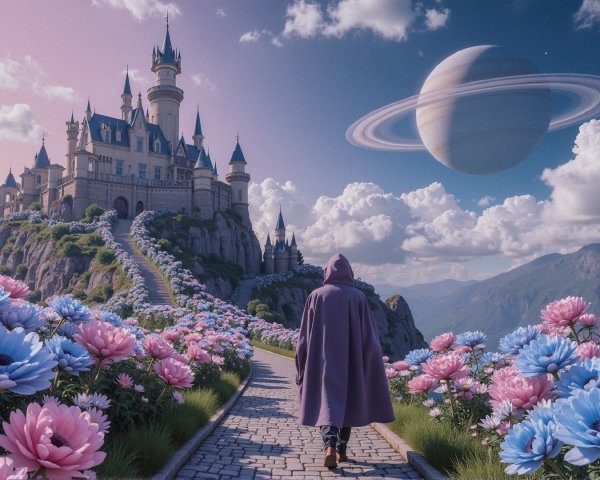 Castle on Rocky Outcrop with Vibrant Flowers and Saturn