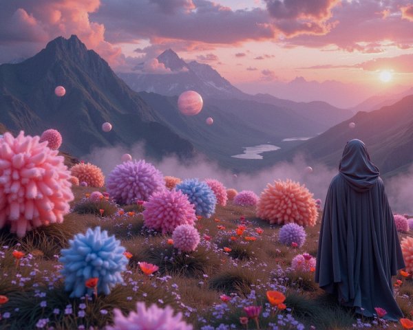 Cloaked Figure in Pastel Flower Valley at Sunset