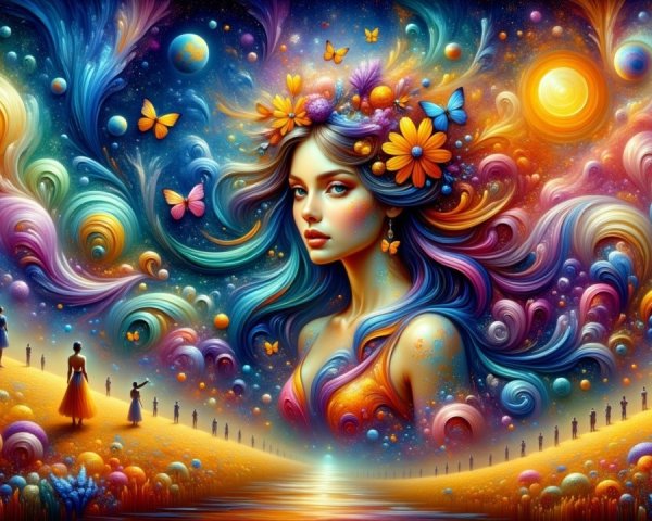 Surreal Scene of a Mystical Woman with Colorful Hair