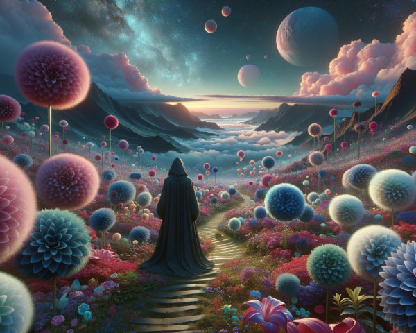 Otherworldly landscape with mountains and vibrant flowers