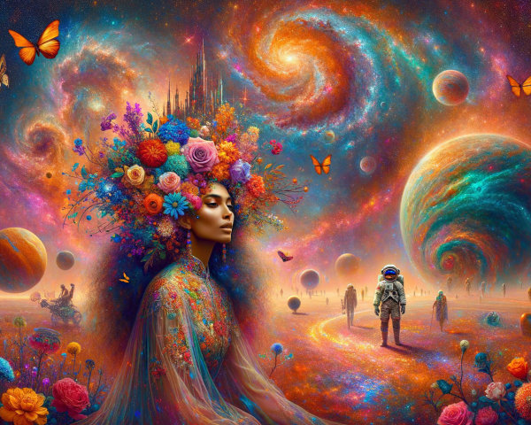Mystical Scene of Woman in Cosmic Landscape with Butterflies