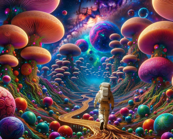 Astronaut on Glowing Path in Otherworldly Landscape