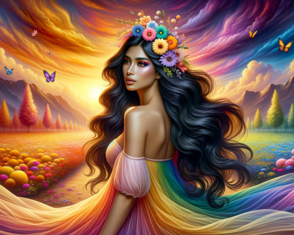 Ethereal Scene of a Woman in Rainbow Dress and Nature