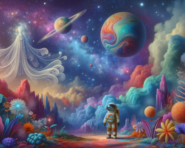Astronaut in Colorful Alien Landscape with Cosmic Sky
