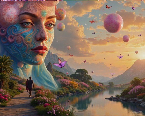 Surreal Landscape with Colossal Face and Floating Orbs