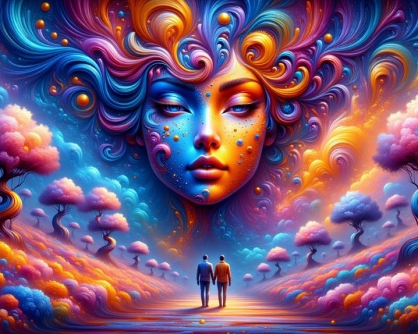 Surreal Landscape with Ethereal Face and Colorful Trees