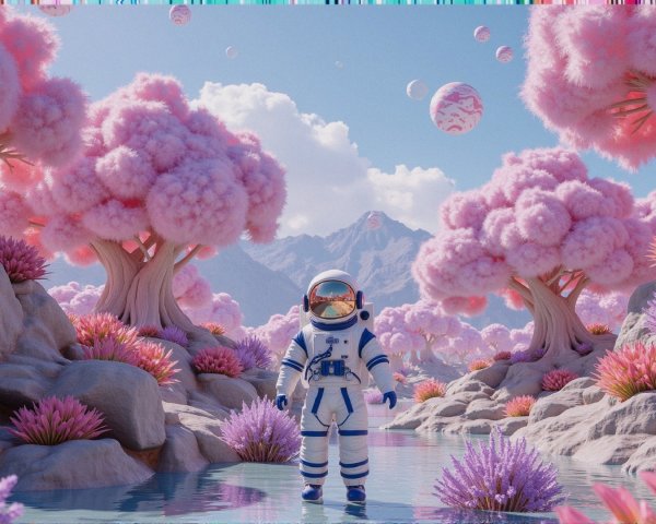 Astronaut in a Vibrant Alien Landscape with Pink Trees