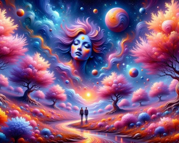 Surreal Landscape with Figures and Cosmic Elements
