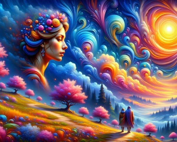 Vibrant Dreamlike Landscape with Floral Woman's Profile