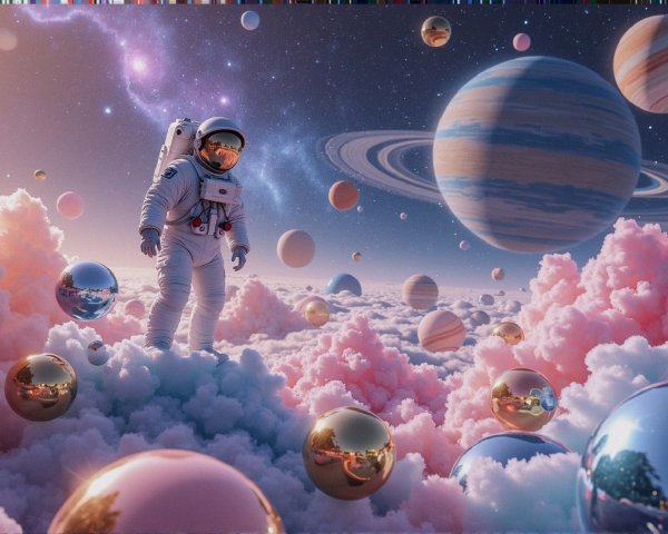 Astronaut on Pink Clouds with Colorful Cosmic Spheres