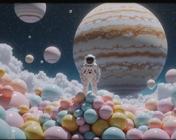 Astronaut on Colorful Mound in Dreamlike Landscape