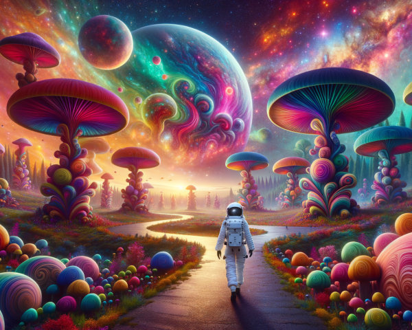 Astronaut in a Vibrant Landscape of Mushrooms and Planets