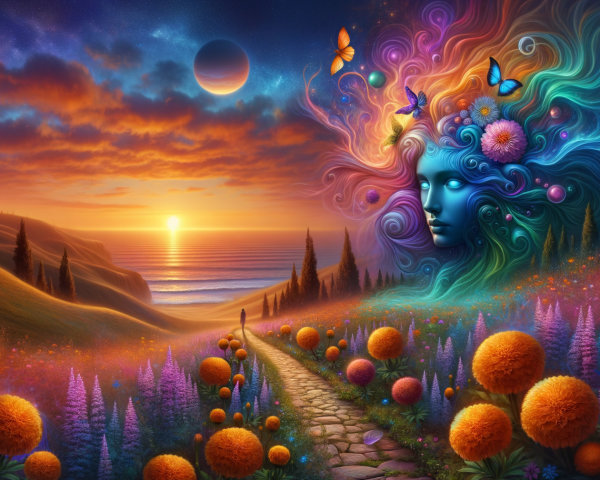Vibrant Sunset Landscape with Mystical Elements