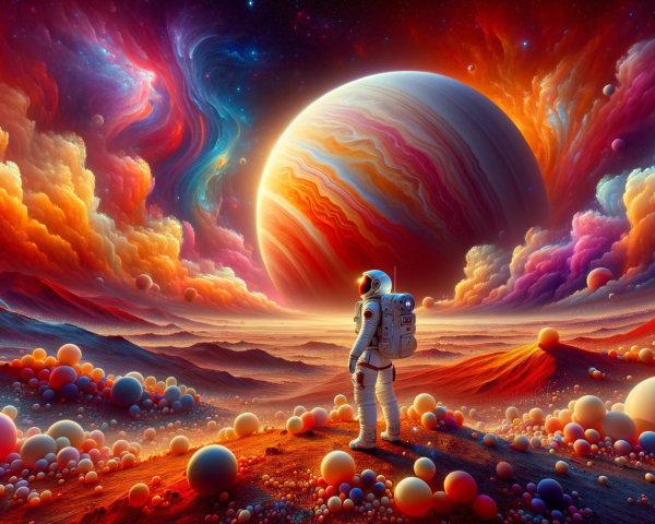 Astronaut on Vibrant Alien Landscape with Gas Giant