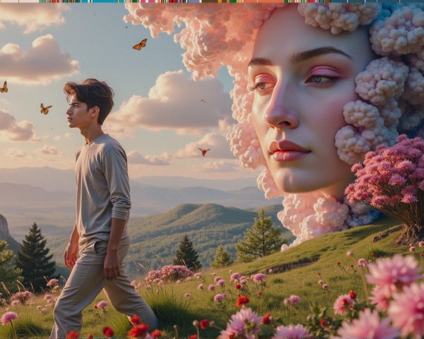 Serene Landscape with Young Man in Flower Meadow