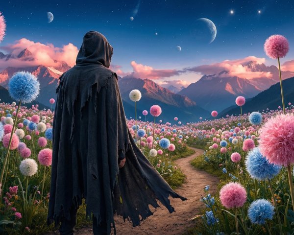Mysterious figure in a fantastical flower field at night