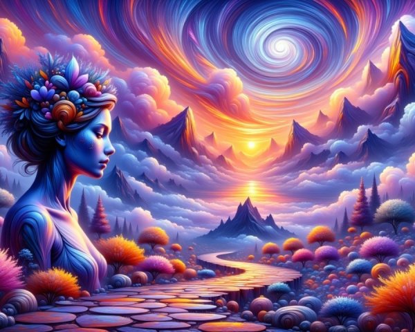 Surreal Landscape with Serene Figure and Vibrant Skies