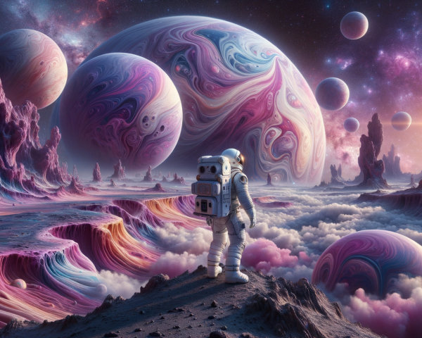Astronaut on Colorful Alien Landscape with Cosmic Sky