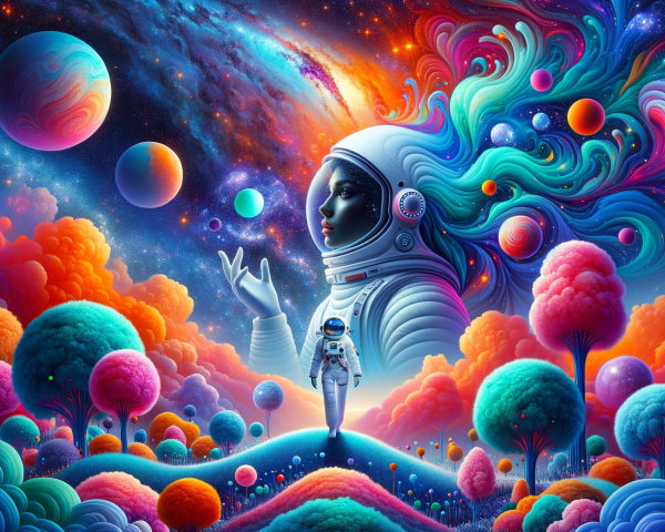 Surreal Cosmic Landscape with Colorful Sky and Trees