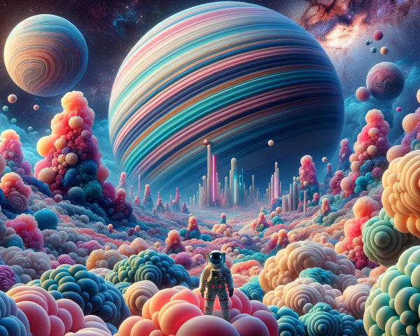 Cosmic Landscape with Astronaut and Colorful Clouds