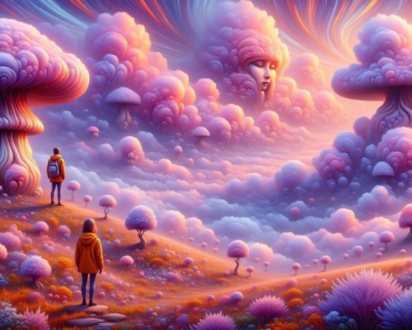 Surreal Landscape with Figures and Whimsical Mushrooms