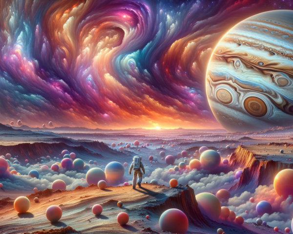 Astronaut on Surreal Alien Landscape with Colorful Orbs