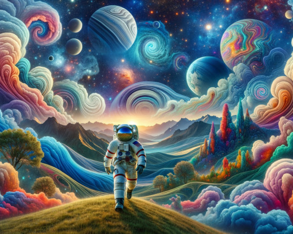 Astronaut Observing Cosmic Landscape with Nature Elements