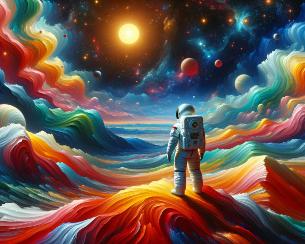 Astronaut on Colorful Cosmic Landscape with Stars