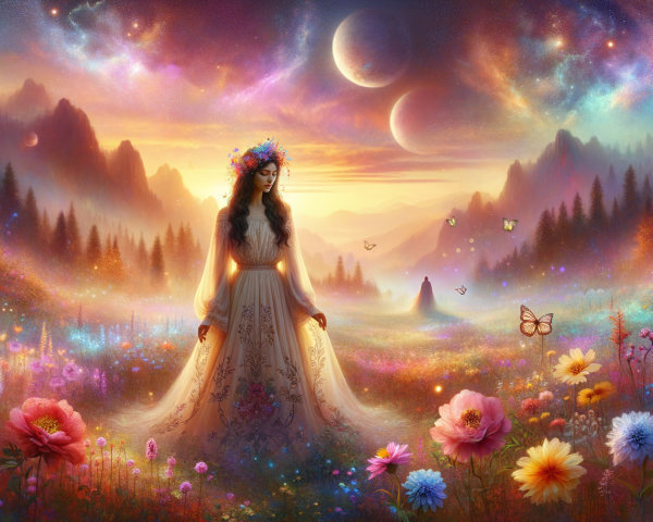 Dreamy Landscape with Woman in Flower Field