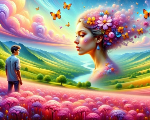 Young man in a colorful flower landscape with woman figure