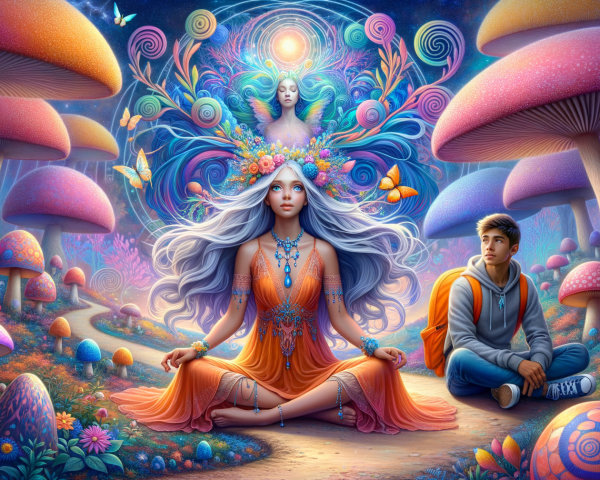 Whimsical Forest Scene with Ethereal Meditation Figure