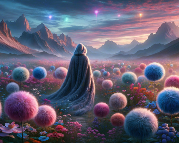 Hooded Figure in Dreamlike Colorful Landscape