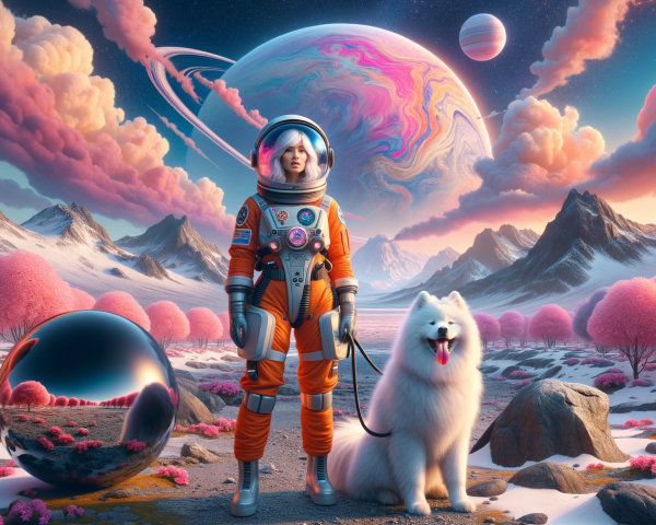 Astronaut and Dog in Colorful Alien Landscape