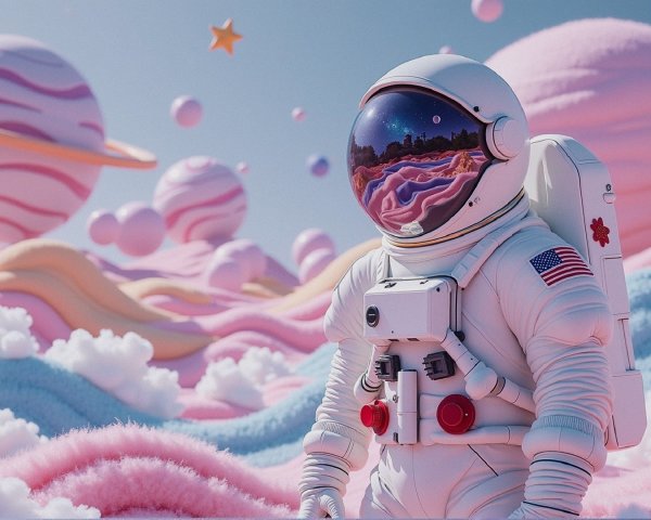 Astronaut in a Whimsical Pastel Landscape with Planets