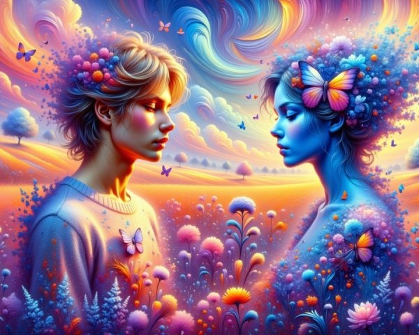 Vibrant Dreamlike Landscape with Colorful Figures