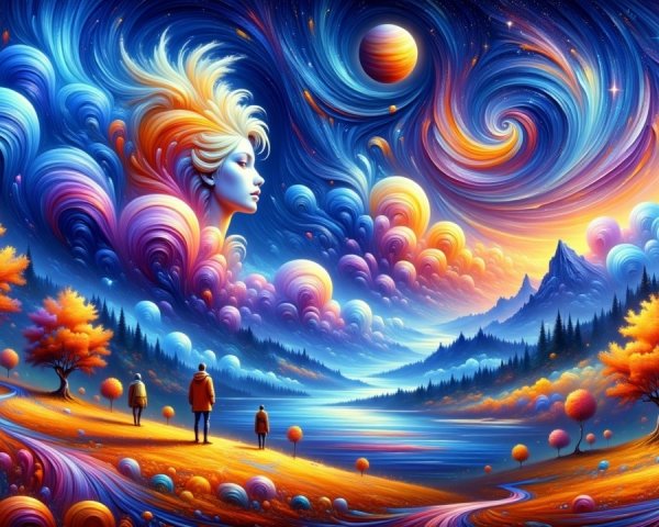 Surreal Landscape with Colorful Sky and Figures