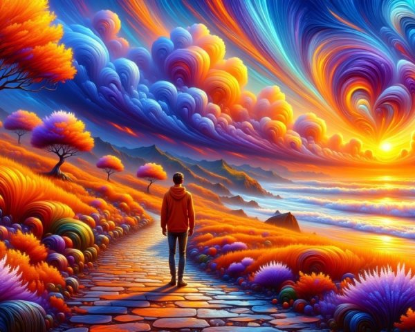 Vibrant Landscape with Multicolored Sky and Pathway