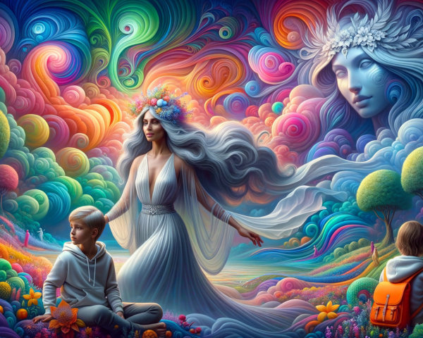 Surreal Landscape with Majestic Woman and Children