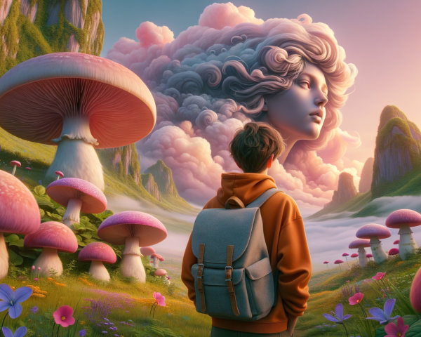 Surreal Landscape with Ethereal Cloud Face and Mushrooms