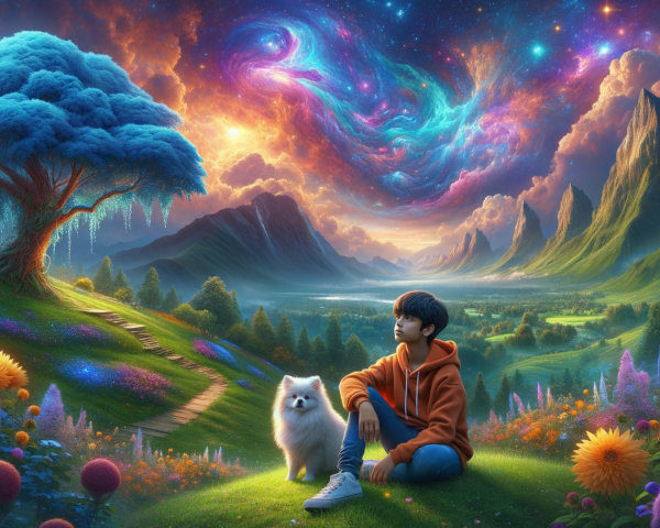 Young Person and Dog in Cosmic Landscape Scene