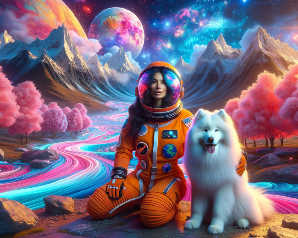 Futuristic scene with astronaut and Samoyed dog
