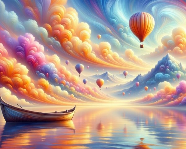 Serene lake with colorful clouds and hot air balloons