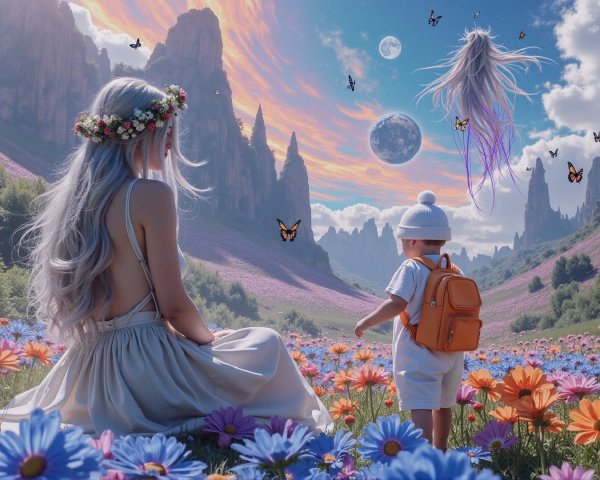 Serene Scene of Woman and Child in Fantasy Landscape