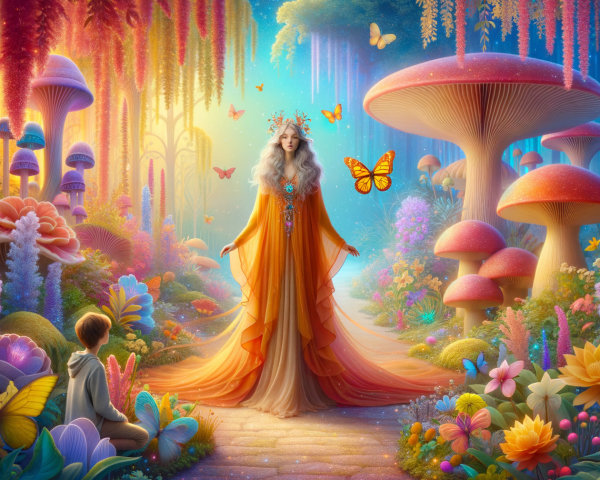Majestic Figure in Orange Gown in Enchanted Forest