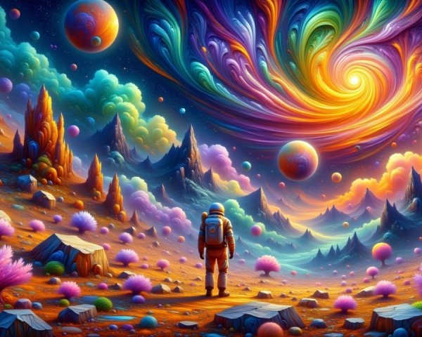 Astronaut in a Colorful Cosmic Landscape with Galaxies