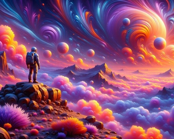 Astronaut on Rocky Outcrop in Cosmic Landscape