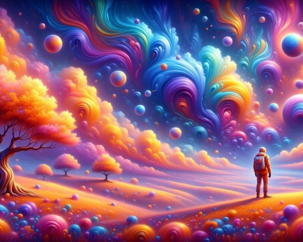 Surreal Landscape with Colorful Orbs and Whimsical Trees