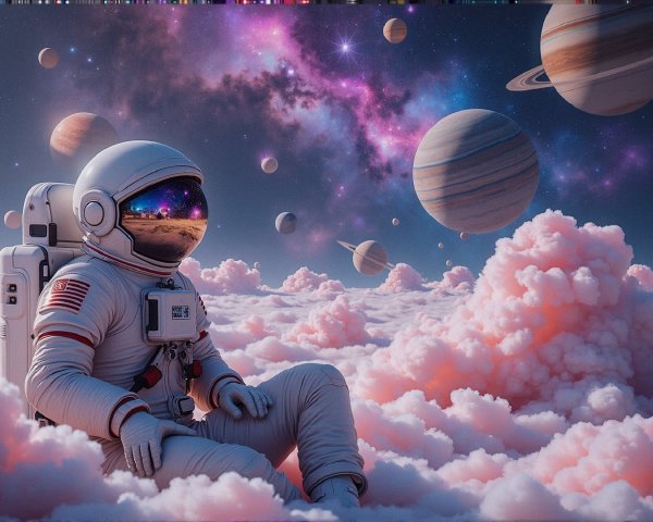 Astronaut in Cosmic Scene with Pink Clouds and Galaxies